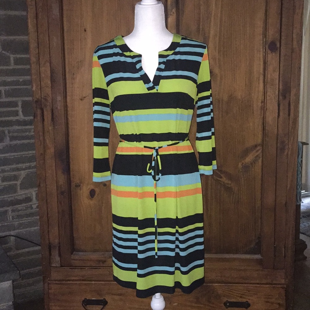Lime green striped, 3/4 sleeve dress.